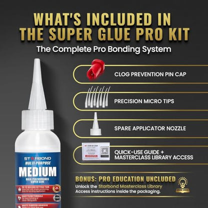 Starbond Medium Super Glue Pro Kit (2 oz) – Strong, Fast, All-Purpose CA Glue (Cyanoacrylate Adhesive) – with Anti-Clog Cap, Precision Tips & Extra Nozzles for Woodworking, Quick Fixes & Hobby Models - size: 2 ounce