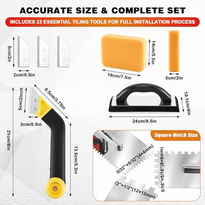 23 Pcs Tile & Grout Tool Sets, Silicone Caulking Remover Tools Stainless Steel Notch Trowel Molded Rubber Grout Float 6 Sponge Angled Tile Saw with 3 Blades for Floor Wall Installation