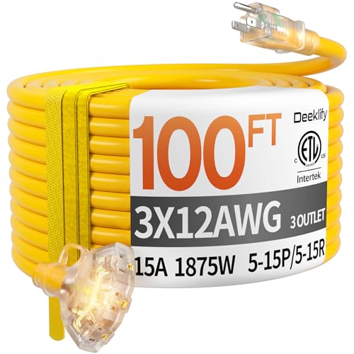 100ft 12 Gauge Heavy Duty 3 Outlet Extension Cord Splitter with Indicator, Waterproof Outdoor Extension Cord with Multiple Outlets, 15A 1875W for Garden, ETL Listed, Flexible Yellow SJTW - size: 100FT