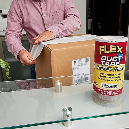 Flex Duct Tape, Super Wide, 7.5 Inches x 20 Feet, White, Heavy Duty Strong, Multi-Surface, Water, Weather and UV Resistant, Tearable, Perfect for Boxes, No Residue - color: White, size: 7.5" X 20'