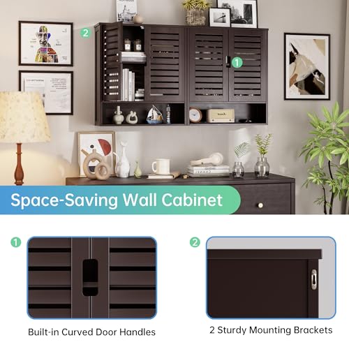 SMIBUY Bathroom Cabinet Wall Mounted, Bamboo Over-The-Toilet Storage Organizer, Space Saver Medicine Cabinet with 2 Door and Adjustable Shelves (Dark Brown) - color: Brown