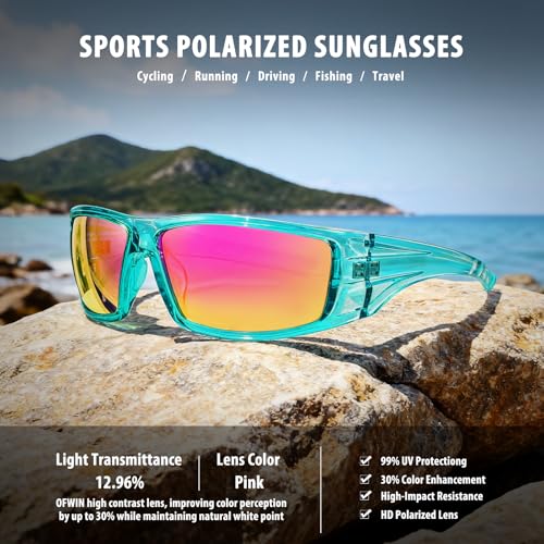 Polarized Sports Sunglasses for Men Women Unbreakable Frame Cycling Fishing Wrap Around Sunglasses UV400 Protection - color: 1-clear Green/Purple Pink Mirror Lens