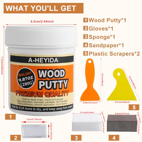 Walnut Wood Filler Putty - Paintable, Stainable Wood Repair Putty for Cracks & Holes on Furniture, Hardwood Floor, Door, Cabinet - Scratch Repair Kit (9.87 Ounce)