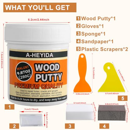 Walnut Wood Filler Putty - Paintable, Stainable Wood Repair Putty for Cracks & Holes on Furniture, Hardwood Floor, Door, Cabinet - Scratch Repair Kit (9.87 Ounce)