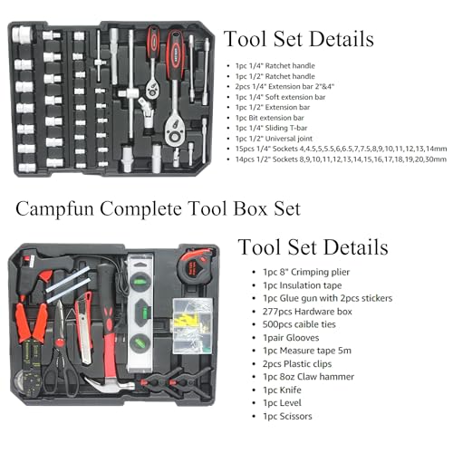 Campfun 899PCS Tool Set, Household Tool Kit with Rolling Tool Box, Complete Tool Box Set Hand Tool Set with Tool Box, Mechanic Tool Set Rolling Tool Set for Home/Auto Repair Tool Set, Black - color: Black