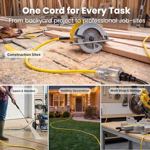 GEARit 100 ft Outdoor Extension Cord 10/3 Gauge SJTW 10 AWG, 3-Prong Heavy Duty Power Cable with Lighted End, 15A 125V 1875W, Waterproof Cord for Tools, Lawn & Garden, Yellow - size: 10 AWG Gauge, style: 100 Feet (SJTW Rated)