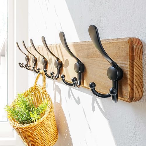 Dseap Coat Rack Wall Mounted - 24" Long 6 Tri Hooks, Heavy Duty Wooden Wall Coat Hanger Coat Hook for Clothes Hat Jacket Clothing, Weathered Brown and Black, Pack of 2 - color: Weathered Brown & Black, size: L=24"