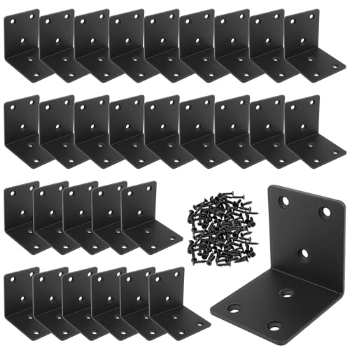 30 Pack Angle Brackets, 1.5" x 1.5" Black Heavy Duty Stainless Steel Corner Brace, L Shaped Shelf Bracket 90 Degree Corner Bracket for Wood Furniture Cabinets Shelves - size: 1.5"x1.5"(black)