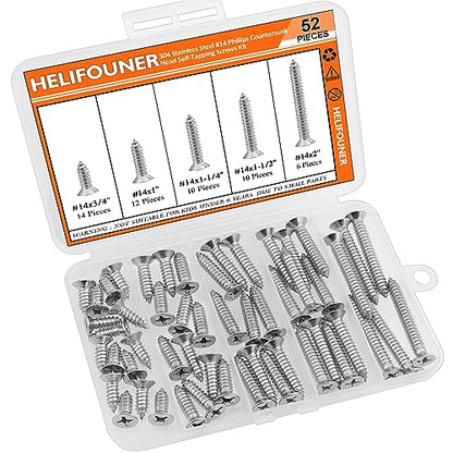 #14 x 3/4" 1" 1-1/4" 1-1/2" 2" Wood Screws Set, HELIFOUNER 52 Pieces Phillips Countersunk Head Self-Tapping Screws Assortment Kit, Phillips Flat Head Wood Screws, 304 Stainless Steel - size: #14