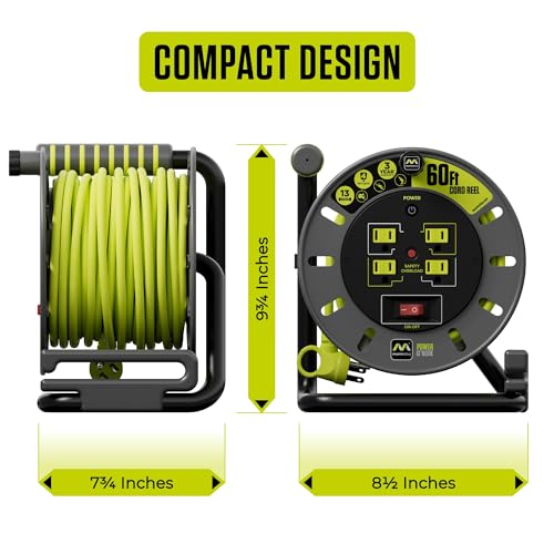Masterplug 60ft Cord Reel, Retractable Extension Lead with Winding Handle, Safety Overload Circuit Breaker and Power Switch, 4X Grounded Outlets, 13amps, 14AWG Cable - size: 60ft