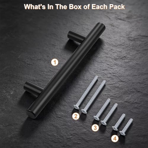 Probrico 5 Pack Holes Spacing(90mm) 3.5inch Flat Black Kitchen Cabinet Handles, Stainless Steel Dresser Drawer Pulls,6inch Length Euro T Bar Pull Handle for Closet - size: Center to Center: 3.5 Inch