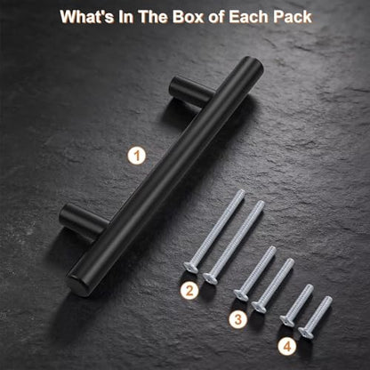 Probrico 5 Pack Holes Spacing(90mm) 3.5inch Flat Black Kitchen Cabinet Handles, Stainless Steel Dresser Drawer Pulls,6inch Length Euro T Bar Pull Handle for Closet - size: Center to Center: 3.5 Inch