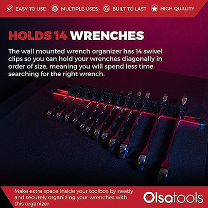Olsa Tools Wall-Mounted Wrench Rack - Red Anodized Aluminum Rail with Black Clips - Stores 14 SAE or Metric Wrenches Securely - Professional Organizer - Part: 1028 - style: Red Aluminum + Black Clips