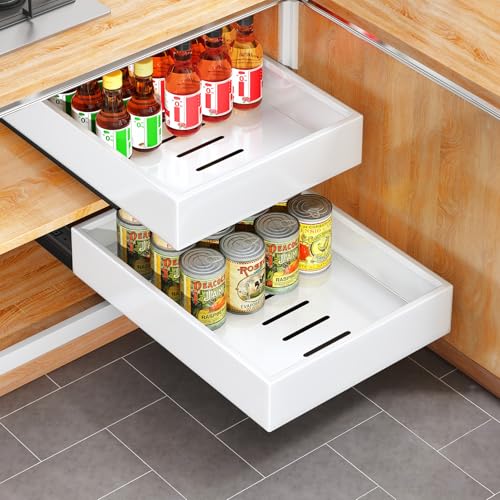Pull Out Cabinet Organizer with Nano Adhesive, Heavy Duty Full-Extension Slide-Out Drawer for Kitchen Cabinet Organizers and Storage, No Drill Roll out Pantry Shelf, 11.8"W x 16.9"D x 3.1"H , White - color: White, size: 12" Wide-16.9"Deep (1Pack）