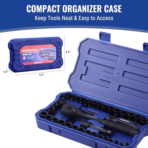 WORKPRO 39PC Drive Socket Wrench Set, 1/4'' & 3/8'' Sockets Kit, 3/8" Ratchet, Extension Bar, Spinner Handle & Adapter, Premium Black Phosphate Finish Mechanics Tool Set with Tool Box, Metric & SAE - color: Black