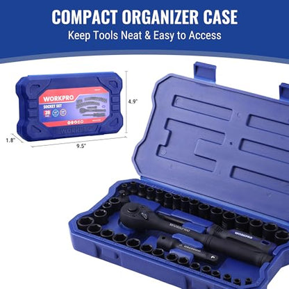 WORKPRO 39PC Drive Socket Wrench Set, 1/4'' & 3/8'' Sockets Kit, 3/8" Ratchet, Extension Bar, Spinner Handle & Adapter, Premium Black Phosphate Finish Mechanics Tool Set with Tool Box, Metric & SAE - color: Black