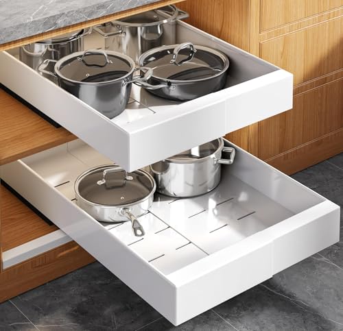 Seinloes 2 Pack Expandable (9"-14") Pull Out Cabinet Organizer 21" Deep With Raising Pad for Framed Cabinets,Upgrade 3 Slide Rails Slide Out Drawers,No Drill Roll Out Shelves Adhesive,White - color: White, size: 21"d X 9"-14"w(2pack)