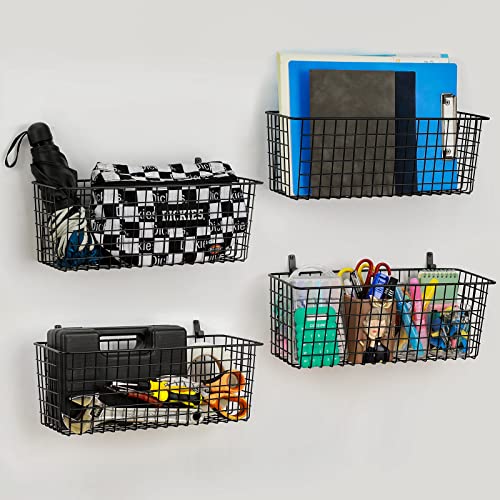 4 Set [EXTRA LARGE] Hanging Wall Mount Storage Baskets with Adhesive Hooks & Steel Hooks, Multiuse Sturdy Wire Metal Organizing Baskets for Home Kitchen Bathroom Pantry Utility Organizer, Black - size: Extra Large