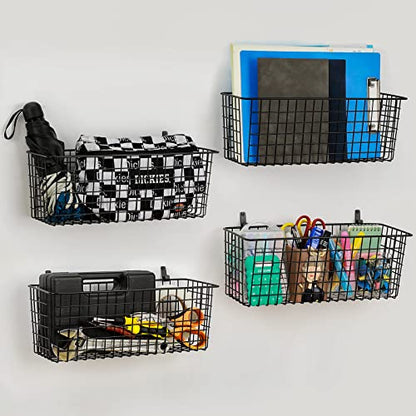 4 Set [EXTRA LARGE] Hanging Wall Mount Storage Baskets with Adhesive Hooks & Steel Hooks, Multiuse Sturdy Wire Metal Organizing Baskets for Home Kitchen Bathroom Pantry Utility Organizer, Black - size: Extra Large