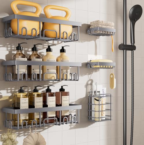 Veken 6-Pack Rustproof & Waterproof Shower Caddy, Adhesive Shelves Rack, Large Capacity Bathroom, College Dorm & Apartment Organizers, No-Drill Wall Mount Living Room & Bedroom Decor, Light Grey - color: E. Light Gray