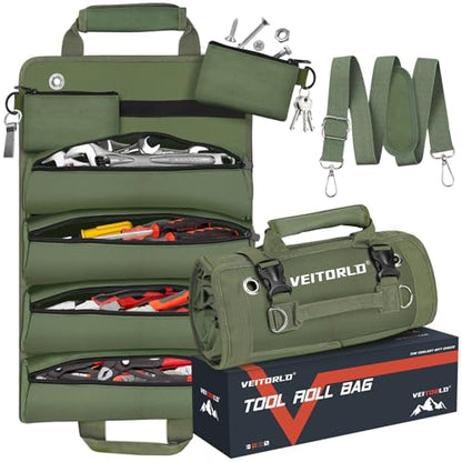 Roll Up Tool Bag, Gifts for Him Men Dad Husband Boyfriend Fathers Day, Portable Tools Storage for Men, Heavy Duty Tool Organizer W/Detachable Pouches for Electrician Mechanic Carpenter - style: Roll-Dark Green