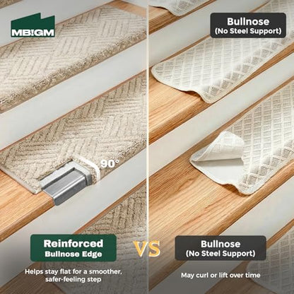 MBIGM Bullnose Non-Slip Stair Treads w/Reusable Adhesive 14 Pack 9.5" x 30" Wooden Steps Protection - TPU Backing with Steel Reinforcement - Anti-Slip Solution Basketweave Beige Non Slip Stair Tread - color: Beige - Basketweave