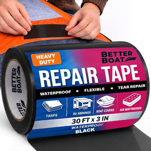 Better Boat Repair Tape for Fabric and Vinyl 30ft x 3in, Black Waterproof Patch Tape for RV Awning Canvas Tent Tarp Sail Canopy Boat Cover, Heavy Duty - color: Black