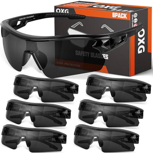 OXG 6 Pack Safety Glasses for Men Women, ANSI Z87.1 Work Glasses Anti Scratch Protective Eyewear with UV400 Protection - color: Grey
