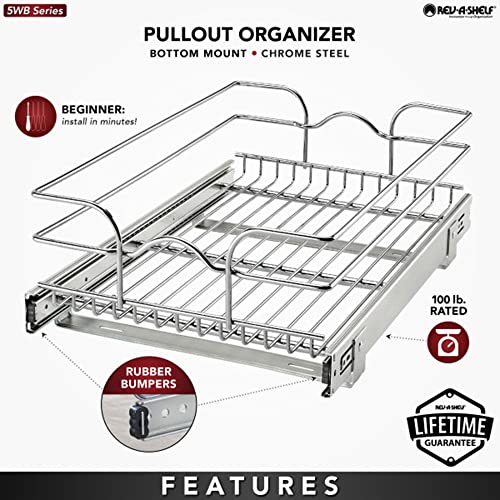 Rev-A-Shelf Kitchen Cabinet Wire Pullout Shelf and Drawer Organizer Pantry Storage with Basket and Mounting Hardware, 15 x 22 In, 5WB1-1522CR-1 - size: 15" W X 22"d, style: Single Tier