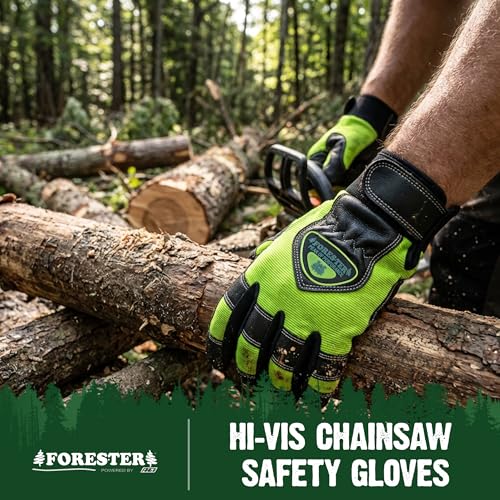 FORESTER Hi-Vis Chainsaw Gloves | Anti-Vibration Leather Safety Gloves for Chainsaw Work, Logging & Tree Cutting | Cut-Resistant Protection - size: Medium (Pack of 1)