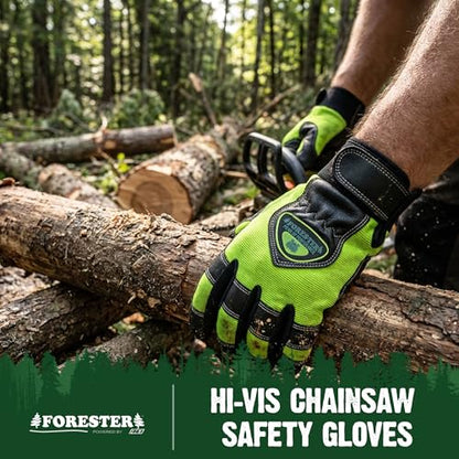 FORESTER Hi-Vis Chainsaw Gloves | Anti-Vibration Leather Safety Gloves for Chainsaw Work, Logging & Tree Cutting | Cut-Resistant Protection - size: Medium (Pack of 1)