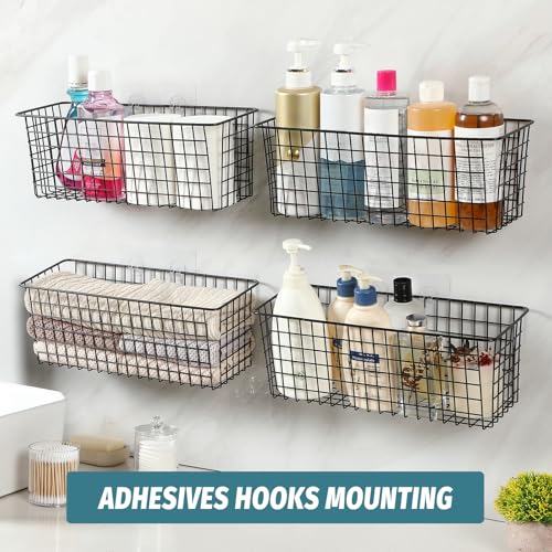 4 Set [EXTRA LARGE] Hanging Wall Mount Storage Baskets with Adhesive Hooks & Steel Hooks, Multiuse Sturdy Wire Metal Organizing Baskets for Home Kitchen Bathroom Pantry Utility Organizer, Black - size: Extra Large