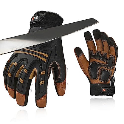 Vgo... Cut Resistant Gloves, Cutproof Leather Work Gloves Men Women,EN388 level E, ANSI level A5,Touchscreen,Mechanics Gloves - color: Brown(goat Leather), size: X-Large(1 Pair)