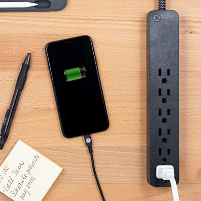 GE UltraPro 6 Outlet Surge Protector, 2 Ft Designer Braided Extension Cord, Flat Plug, Long Power Cord, Wall Mount, Black, 44070