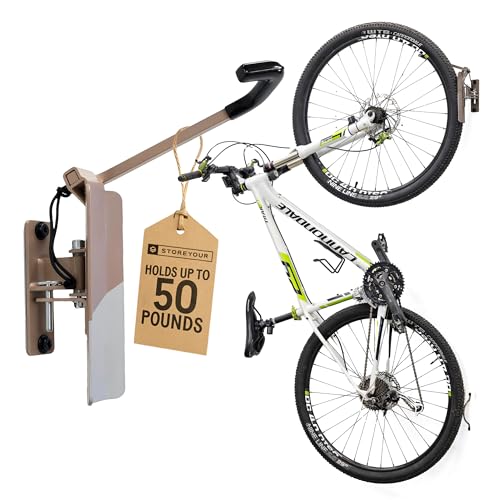 StoreYourBoard Bike Hangers for Garage | Garage Bike Rack Wall Mount, Vertical Bicycle Rack for Garage | 124° Swivel Bike Wall Mount with Stopper, Holds 50lbs, Fits All Wheel Diameters, Max 2.6” Tires - color: MUD, size: 1 Pack Heavy Duty Swivel Bike Rack