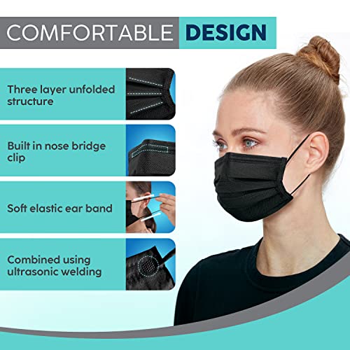 Hannah Linen Black Face Masks Disposable [50 PCS Value Pack] - 3 Ply Protection Safety Masks with Comfortable Nose Clip and Ear Loops