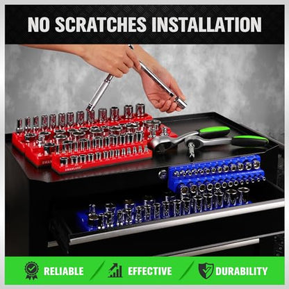 Magnetic Socket Organizer Set, 6PCS Socket Holder, 1/4", 3/8", 1/2" Sockets Holds 143 Pieces Magnetic Sockets Trays (Blue&red, 6 Pcs) - style: 6PCS Red/Blue