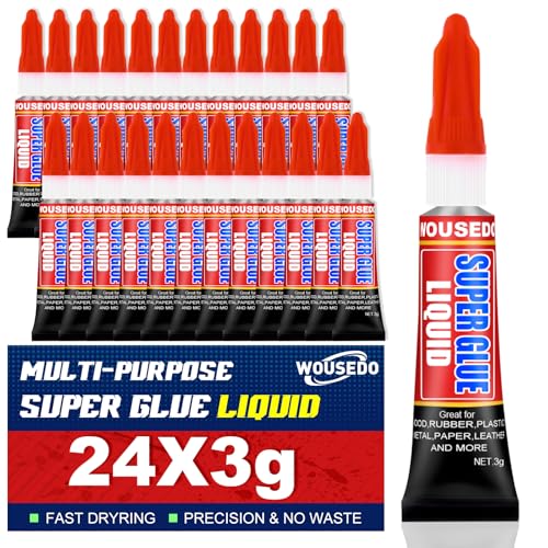 WOUSEDO 24 X 3g Super Glue Liquid, Clear Strong Adhesive,Fast Drying Cyanoacrylate Glue for Wood, Rubber, Leather, Hard Plastic, Metal, DIY Crafts and More - size: Pack of 24, style: Liquid