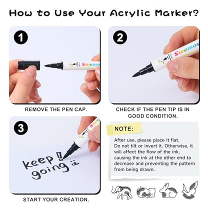 Swemos Acrylic Paint Pens Markers, Dual Tip with Fine Tip and Brush Tip Pens Acrylic Paint Markers Waterproof Acrylic Markers Set for Rock, Canvas Stone, Wood, Glass, Metal (BLACK+WHITE, 2) - style: BLACK+WHITE