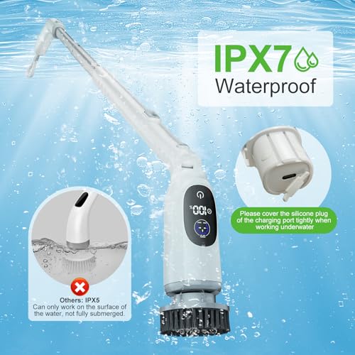Electric Spin Scrubber, Cordless Cleaning Brush, 3H Work Time, Bathroom Scrubber with LED Display, 3-Speed Extendable Handle, IPX7 Waterproof, 8 Brush Heads for Shower, Tile, Tub, Floor, Toilet, Grout