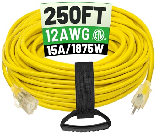 POWGRN 250 ft 12/3 Outdoor Extension Cord Waterproof Heavy Duty with Lighted End 12 Gauge 3 Prong, Flexible Cold-Resistant Long Power Cord Outside, 15Amp 1875W SJTW Yellow ETL Listed - color: Yellow, size: 250FT