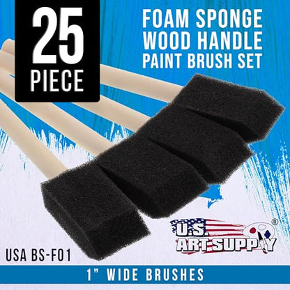 US Art Supply 1 inch Foam Sponge Wood Handle Paint Brush Set (Value Pack of 25) - Lightweight, Durable and Great for Acrylics, Stains, Varnishes, Crafts, Art