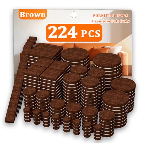 Felt Furniture Pads 224 PCS, 10 Sizes, Felt Pads for Chair Legs, Suitable for Round and Square Chair Legs, to Prevent Scratches, Reduce Noise and Protect the Floor (Brown) - size: 224pcs-brown