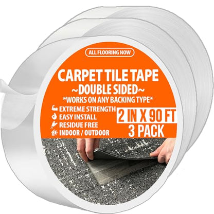Carpet Tile Tape Double Sided 2in x 90ft (3 Pack) Heavy Duty Reinforced Web Mesh & Residue Free - Indoor Outdoor for Carpet Tiles, Hardwood, Vinyl, Rugs, Carpet, Rubber & Mat Gripper - size: 2 IN x 90 FT (3 Pack)