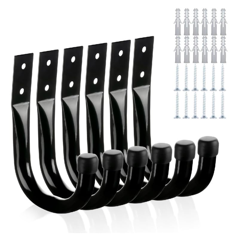 Generic 6 Pack Heavy Duty Black Metal J-Hooks, Wall Mount Garage Storage Hooks with Anchors and Screws