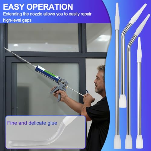Handmade Stainless Steel Caulk Nozzle Extender 290-375mm, 4 Pcs Straight & Curved Glass Glue Nozzle Extension for Silicone Sealant