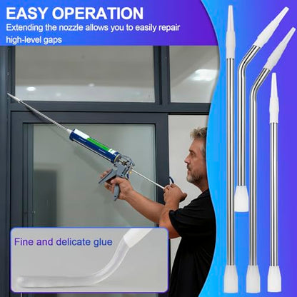 Handmade Stainless Steel Caulk Nozzle Extender 290-375mm, 4 Pcs Straight & Curved Glass Glue Nozzle Extension for Silicone Sealant