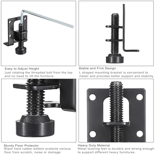 OwnMy 4 Packs Adjustable Furniture Leveling Feets L Shaped Furniture Levelers Legs, Heavy Duty Furniture Mounting Brackets Metal Leveling Feet for Workbench Cabinet Wardrobe, 2.2" H, Black - size: 2.2"H-Black