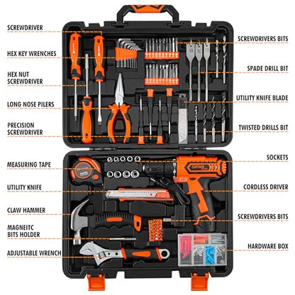 CARTMAN Power Tool Combo Kits with 12V Cordless Drill, Professional Household Home Tool Kit Set, DIY Hand Tool Kits for Garden Office House Repair, with a Robot Style Carry Box - style: 198 PC