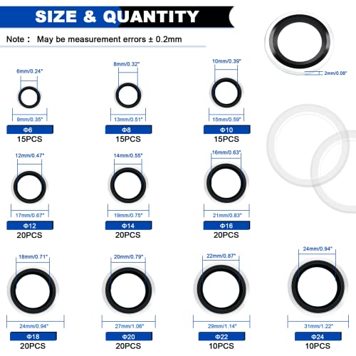 165PCS Bonded Sealing Washers, NBR Metric Zinc-Plated Steel Self-Centred Sealing Rubber Washers, Automotive Seal Gasket Crush O-Ring Assortment Kit Set M6 to M24 - color: 165PCS Black Seal Washers